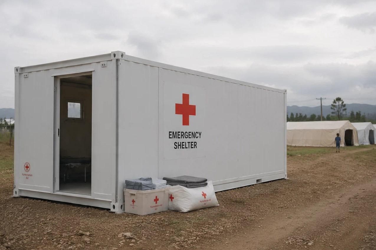 Emergency shelter container hunian darurat untuk korban bencana alam dengan logo bantuan