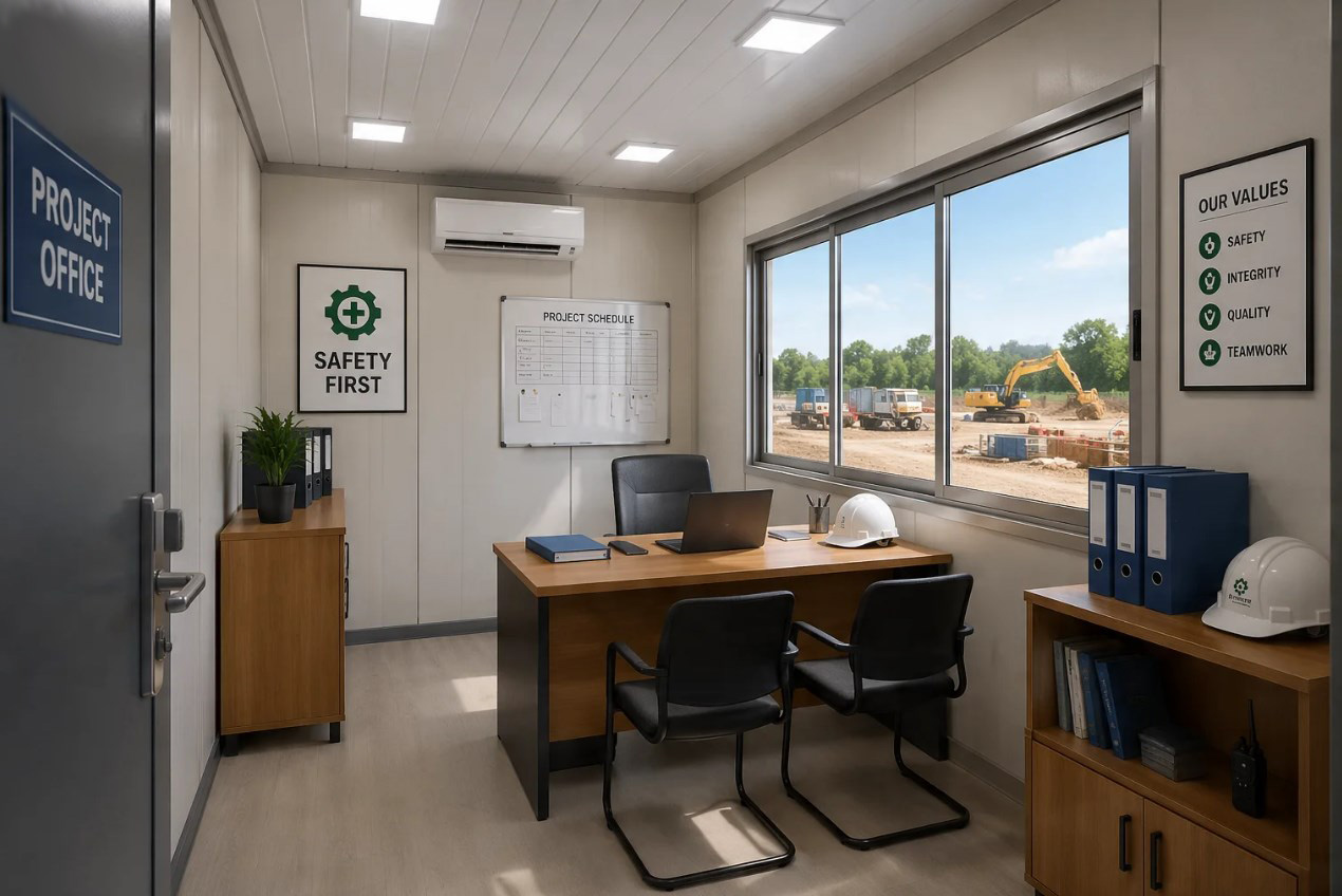 Office container kantor lapangan di area konstruksi proyek dengan jendela aluminium besar