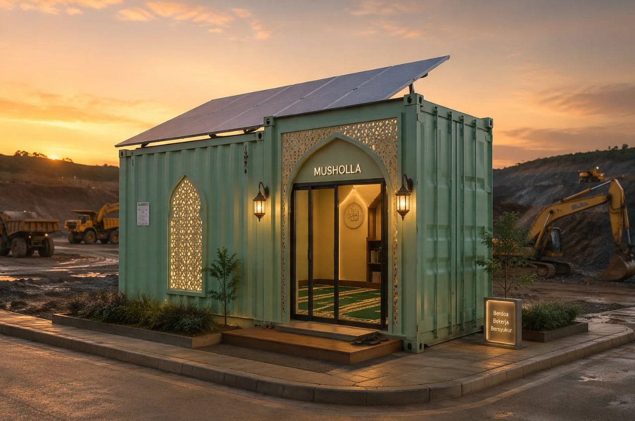 Musholla container ruang ibadah portable dengan karpet sajadah untuk area proyek