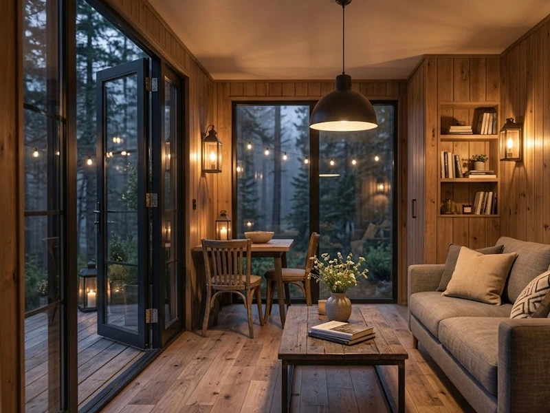 Interior villa glamping container bergaya resort tropis modern dengan pencahayaan alami